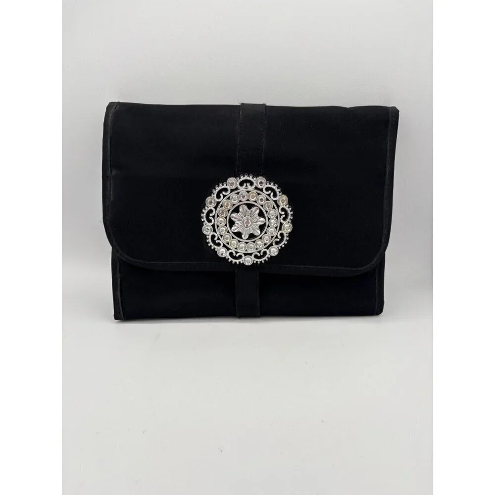 Black Satin Clutch With Silver Embellishment & Magnetic Closure